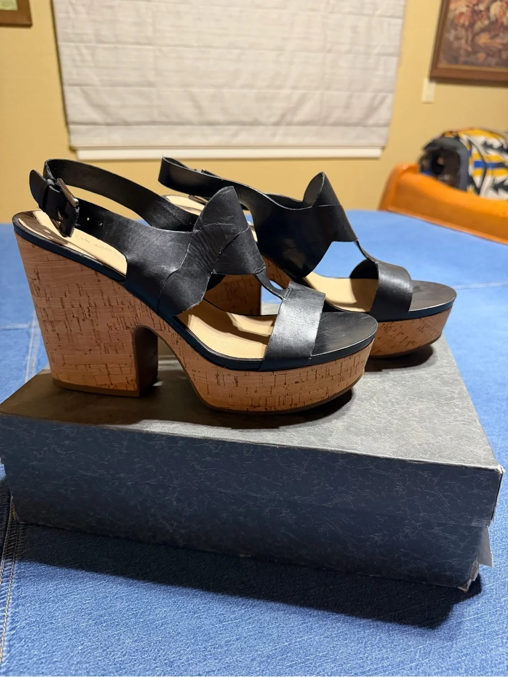 Via Spiga Black Leather Wedge Sandals